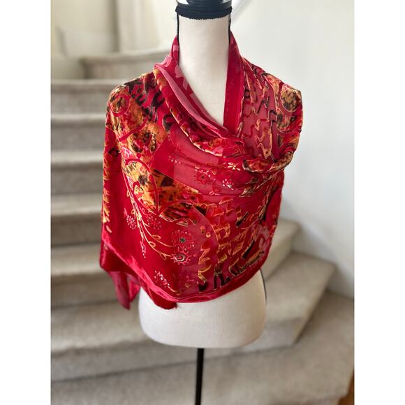 Red & Yellow Crushed Velvet Floral Paisley Pashmina Style Scarf - Picture 1 of 4